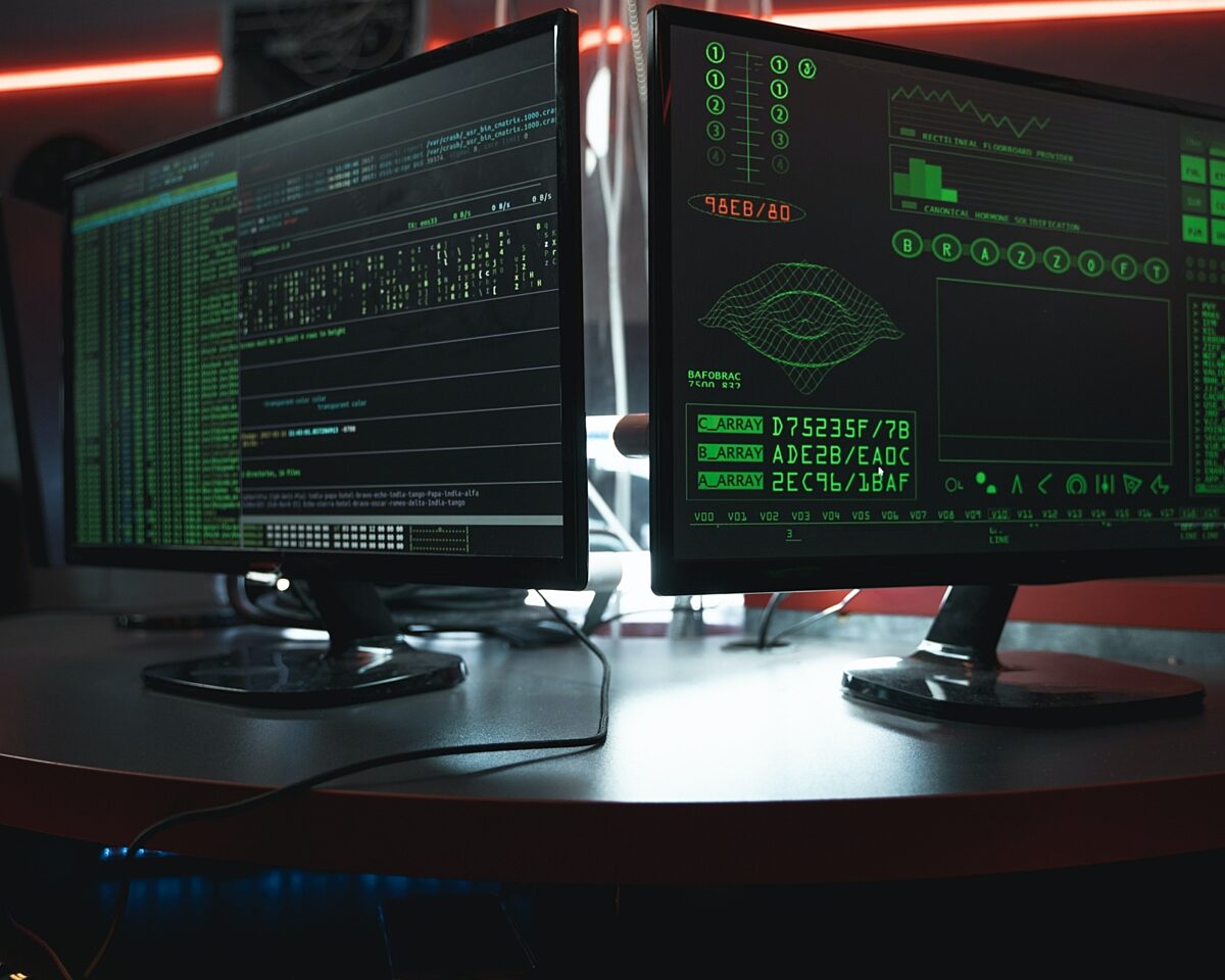 two monitors with code on them